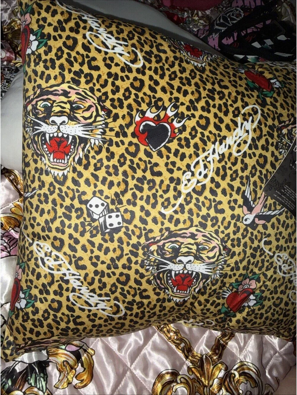 Ed Hardy Y2K Leopard Print Decorative Pillow Tattoo Icons Tiger Hearts Dice~NWT